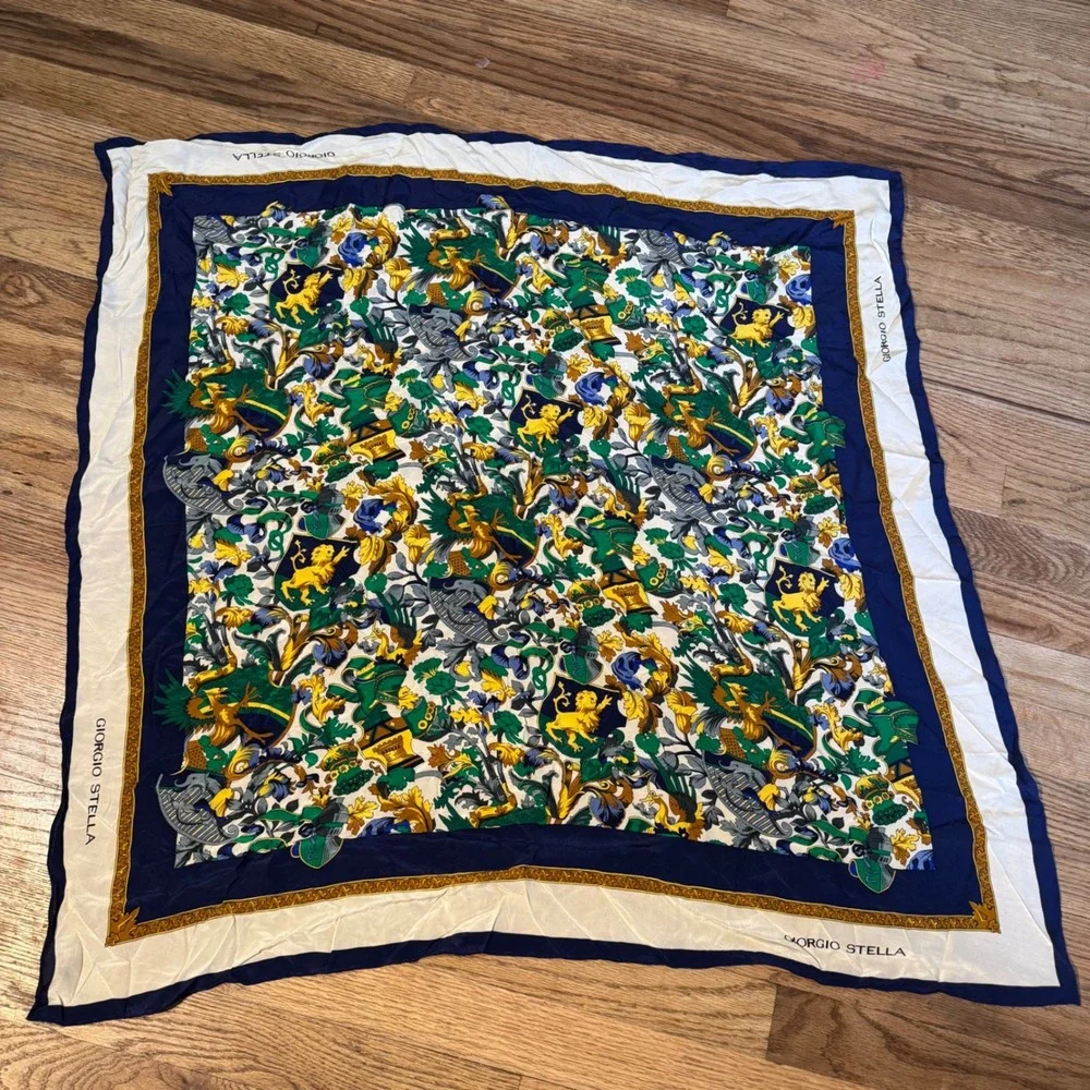 Giorgio Stella‎ Silk Scarf Navy Blue Cream Gold Heraldic Lion Crest Square 31x31